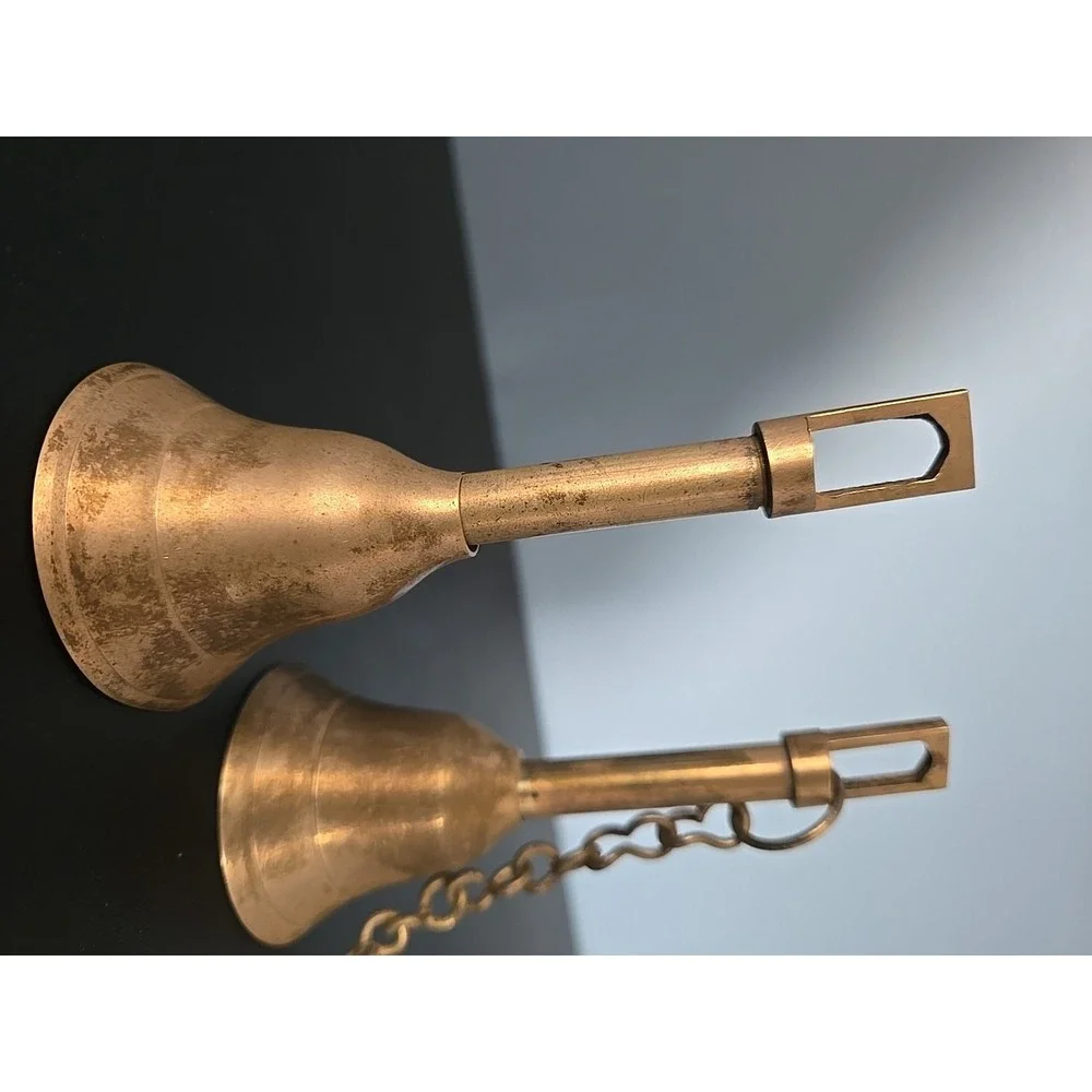 Vtg Silver Plated School Teacher Hand Bells Dinner Door shop long  stick handle